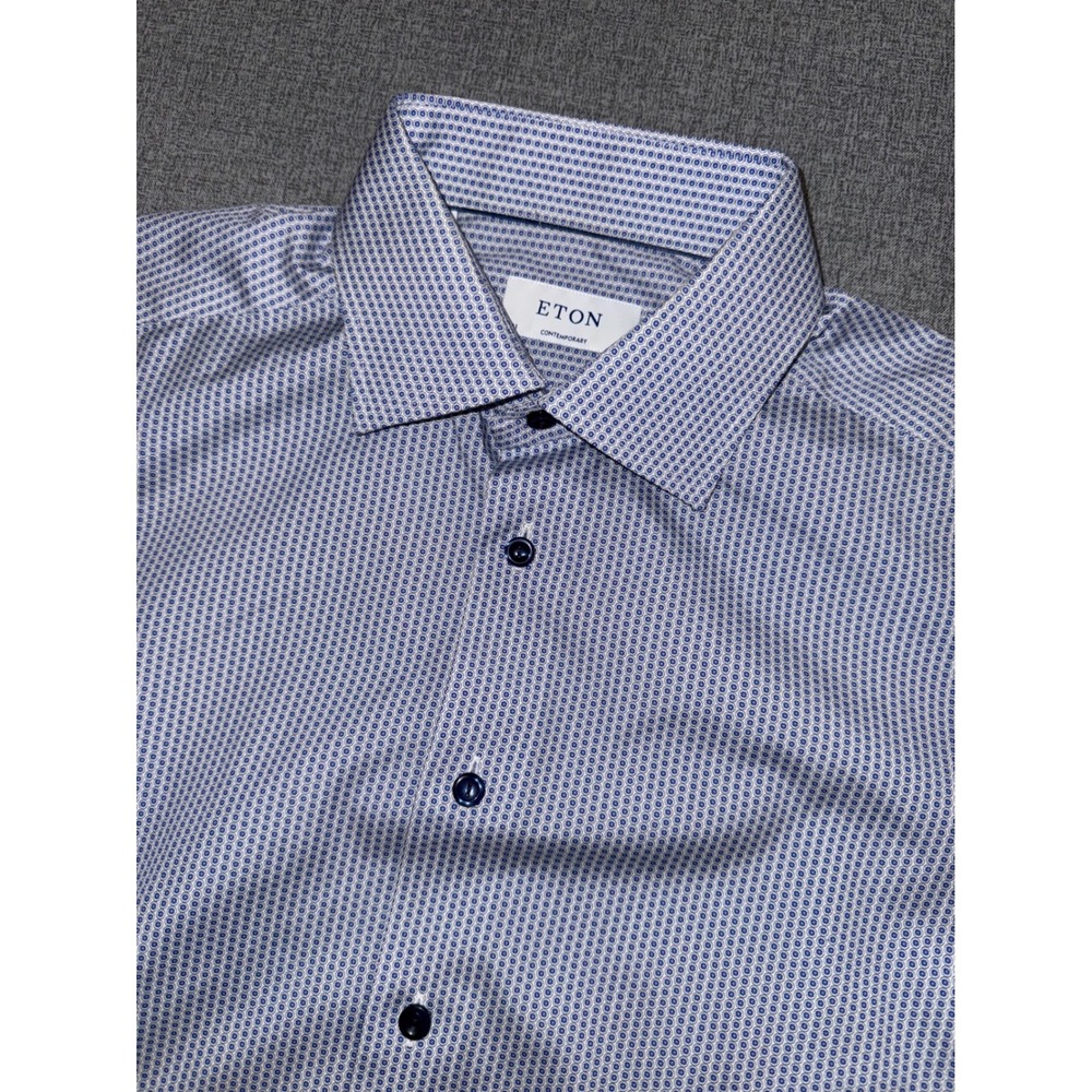 Eton  Mens Size 16 41 Contemporary Fit Dress Shirt Blue White Medallion Print